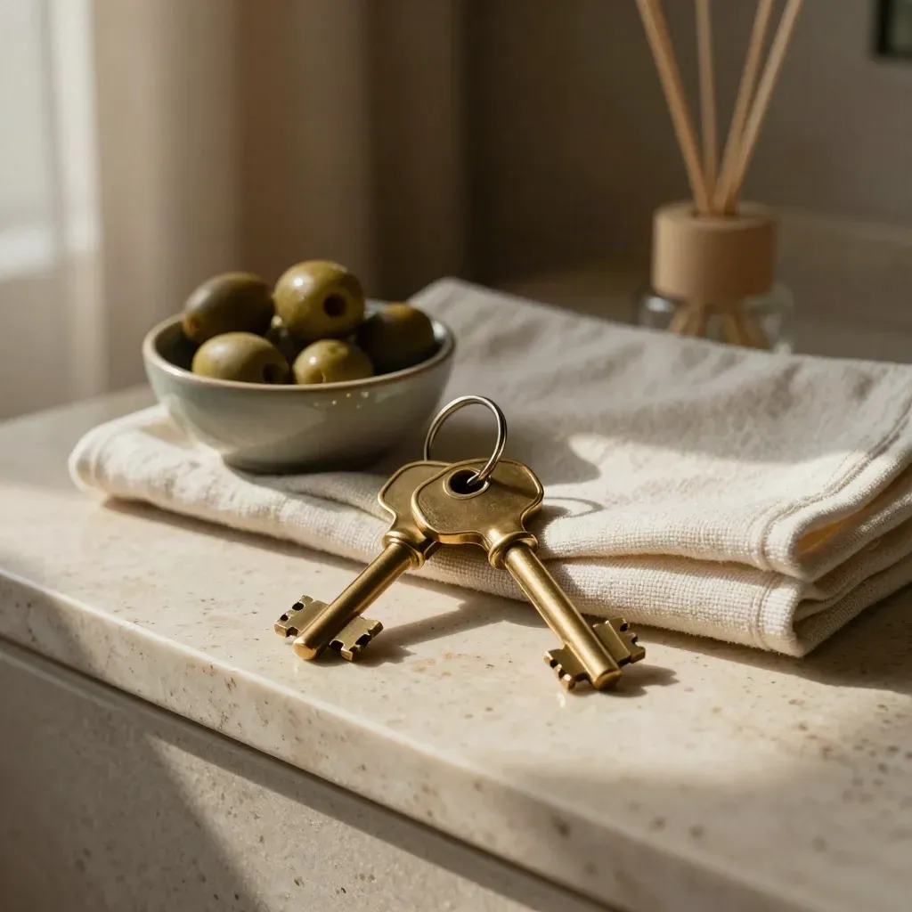 Kit di benvenuto con chiavi in ottone, asciugamano di lino, ciotola d'olive e diffusore su travertino.