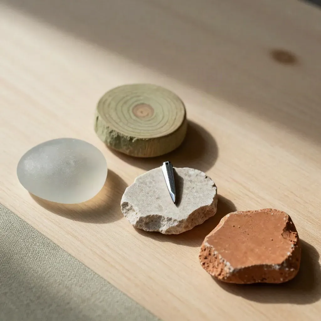 Quattro materiali naturali per scegliere la zona: vetro, legno, pietra e terracotta.