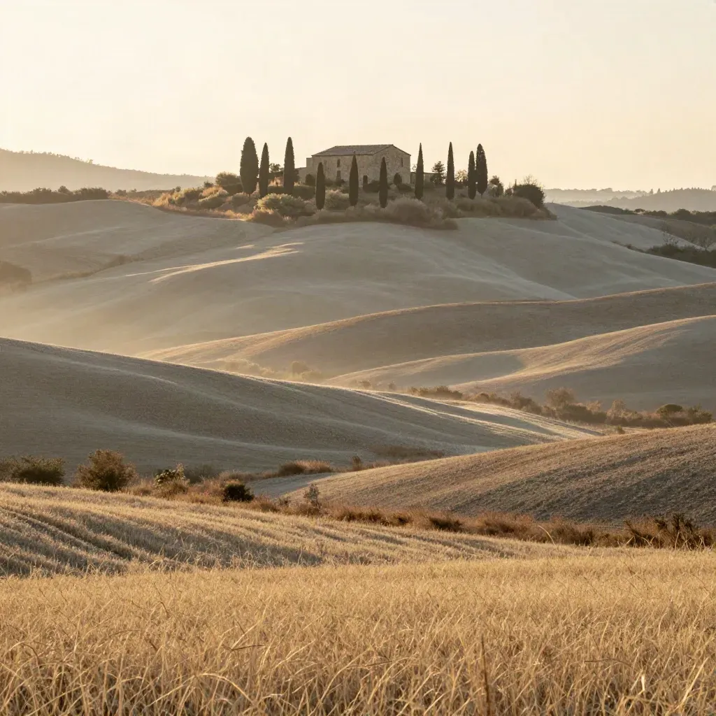 Colline toscane all’alba con cipressi e casale lontano nella foschia