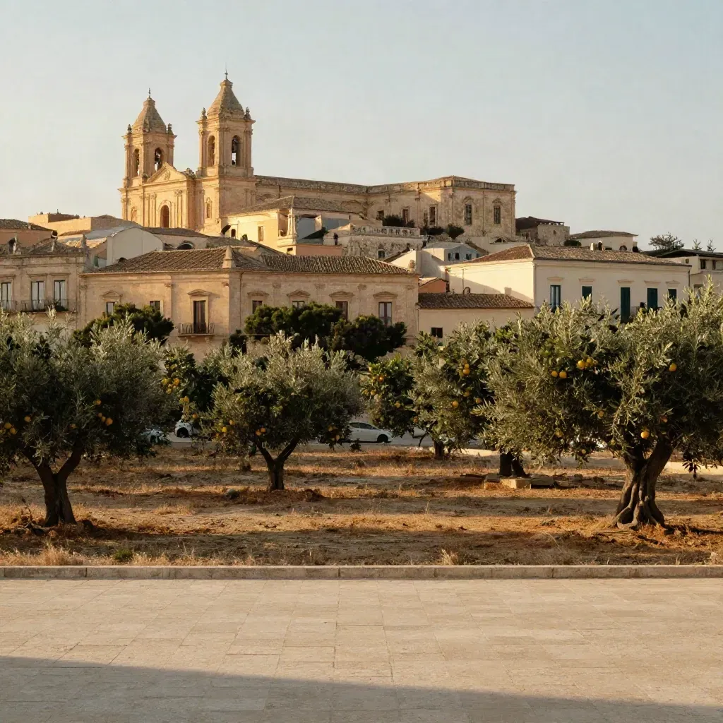 Skyline barocca di Noto sopra uliveti e pietra calda, con ampio spazio neutro per il testo.